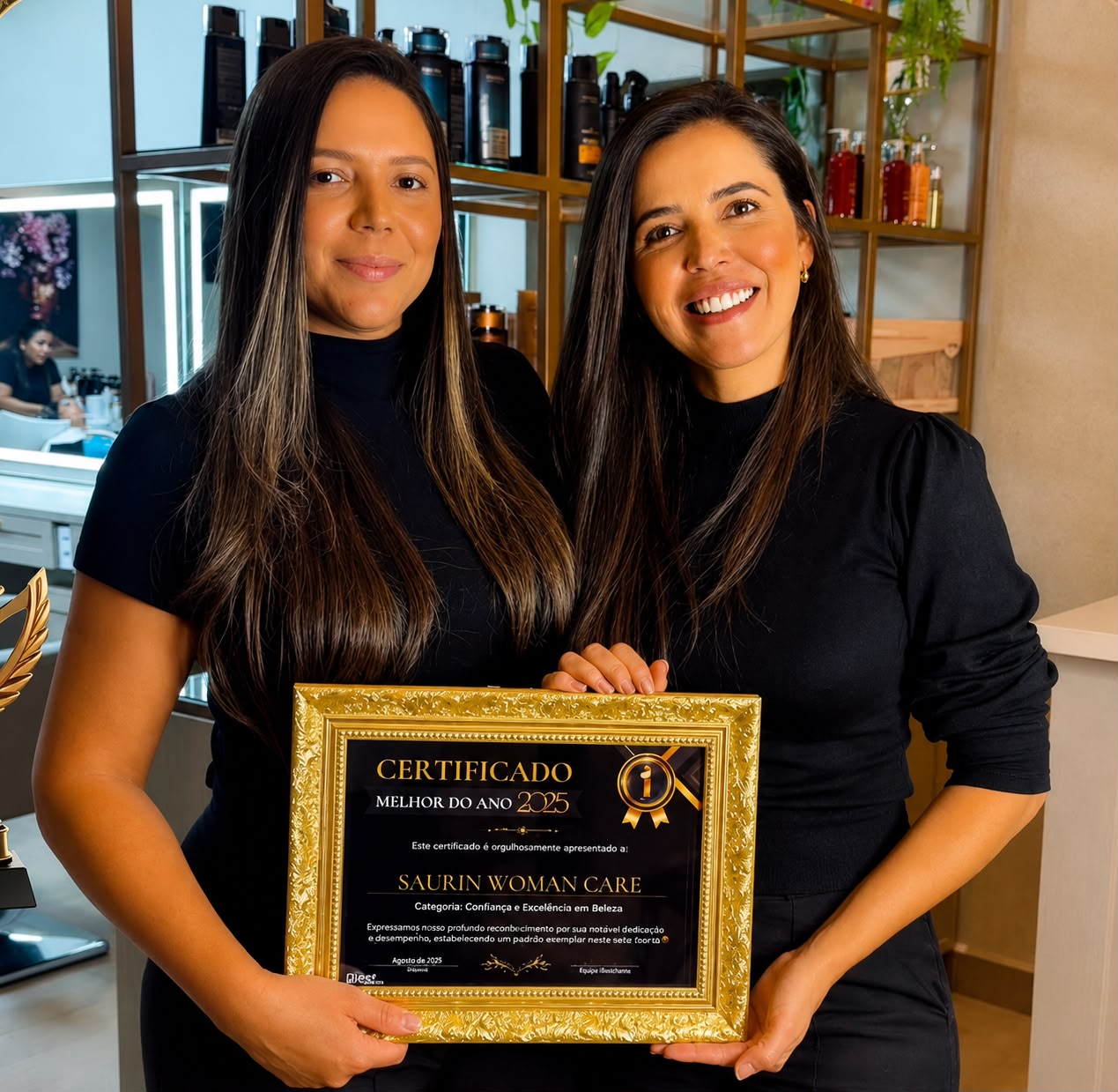 Equipe Saurin Woman Care recebendo o certificado Melhor do Ano 2025, categoria Confiança e Excelência em Beleza